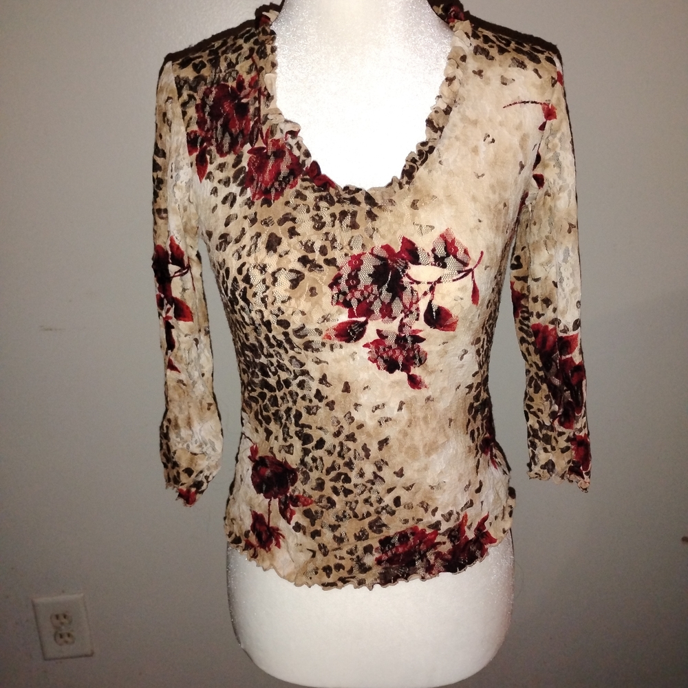 Women's Beige Floral & Leopard Print Long Sleeve Top